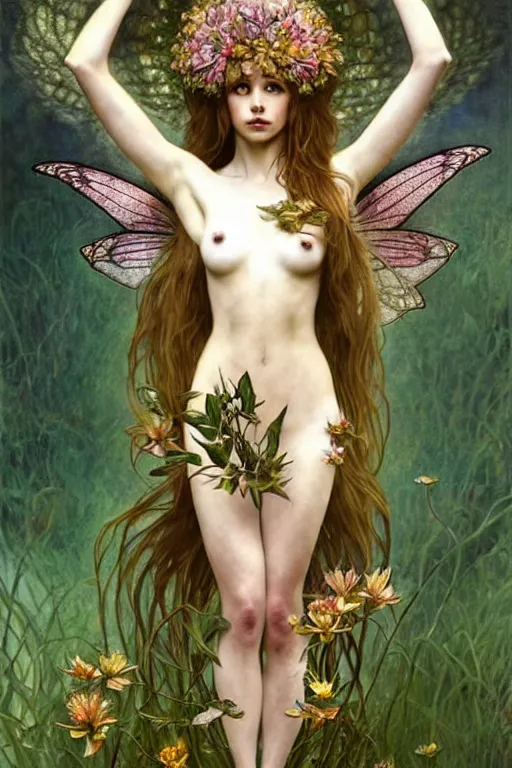 Image similar to full body fairy goddess!! plant metamorphosis, perfect face!!, fantasy, intricate, elegant, dramatic lighting, emotionally evoking symbolic metaphor, highly detailed, photorealistic, artstation, concept art, smooth, sharp focus, art by john collier and albert aublet and krenz cushart and artem demura and alphonse mucha