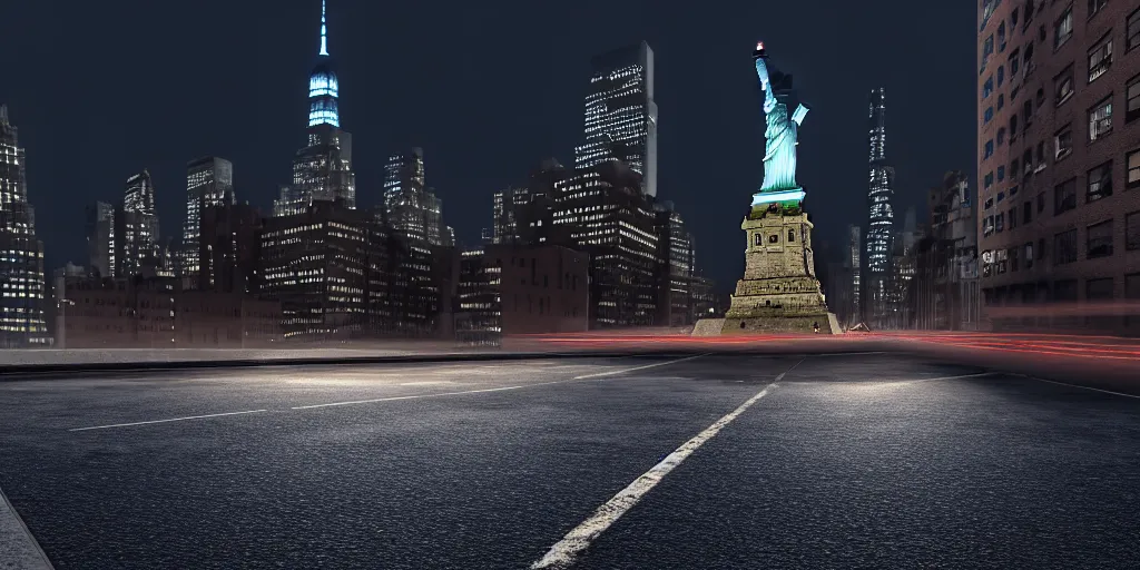 Image similar to a llama walking through a desolate manhattan city street at night, statue of liberty seen in the background, realistic 4 k octane beautifully detailed render, 4 k post - processing, highly detailed, detailed face, intricate complexity, epic composition, magical atmosphere, cinematic lighting, masterpiece, color picture, ultra hd