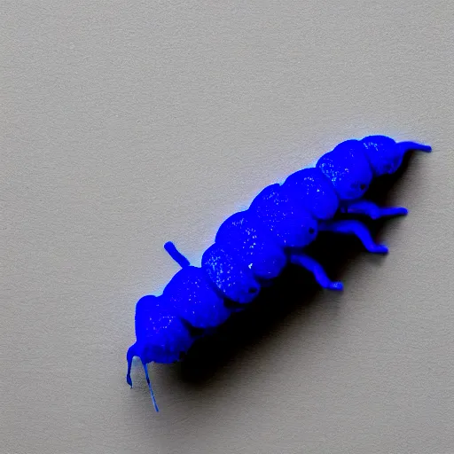 Image similar to studio photograph of a matte gray catterpillar with a neon blue head