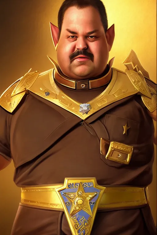 Image similar to high elf mall cop with a sheriff's badge that is fat, shifty, and incompetent, RPG portrait from the chest up, Oil Painting, hyperrealistic, Detailed Digital Art, dynamic lighting, Highly Detailed, Cinematic Lighting, 8k, HD