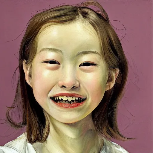 Image similar to high quality high detail painting by lucian freud, hd, smiling cute japanese girl portrait, photorealistic lighting