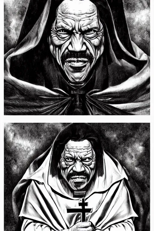 Image similar to Danny Trejo as church nun, dark fantasy, highly detailed, artstation, manga illustration by Kentaro Miura berserk