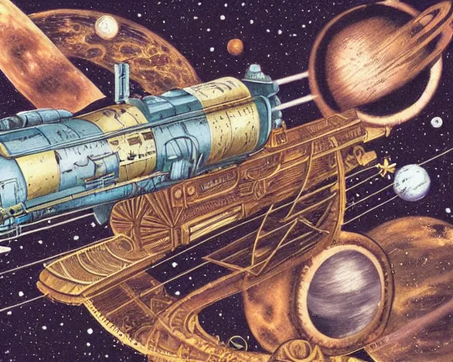 Prompt: Space with steampunk train in space, by michelangelo