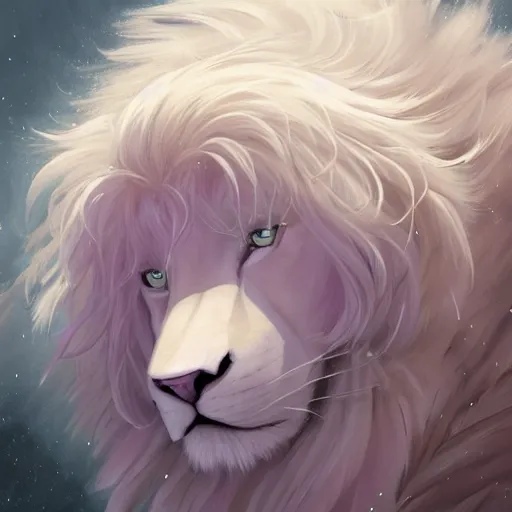 Image similar to aesthetic overhead photo portrait commission of a albino male furry anthro lion lying on a perfect lavender garden like a bed with bubbles surrounding him while wearing a cute mint colored cozy soft pastel winter outfit with pearls on it, winter Atmosphere. Character design by charlie bowater, ross tran, artgerm, and makoto shinkai, detailed, inked, western comic book art, 2021 award winning painting