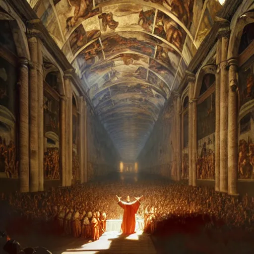 Image similar to the sistine chapel breaks in half as a portal from hell opens up, lucifer morningster emerges along with hordes of demons, the terrified priests and the pope look at the scene with terror in their eyes. highly detailed painting by gaston bussiere, greg rutkowski, craig mullins 8 k