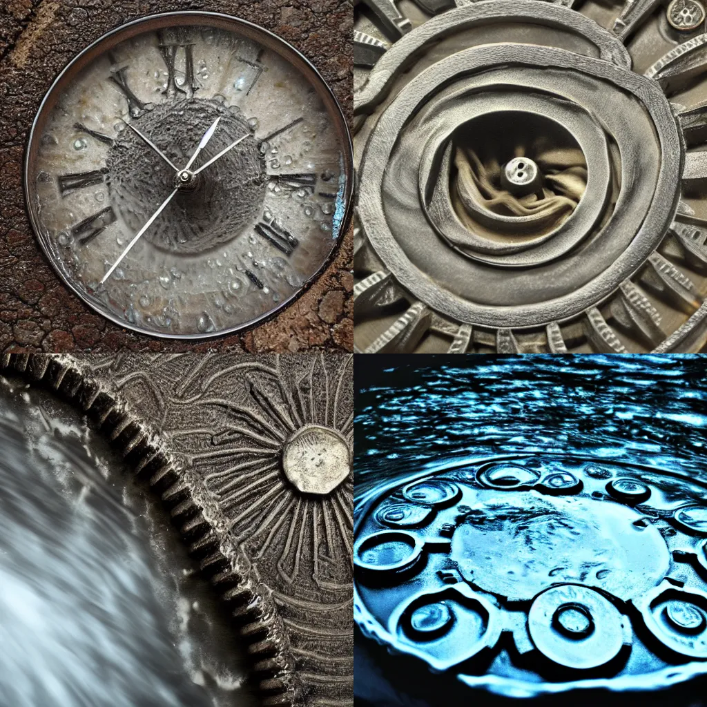 Prompt: water flowing upward through time, gears, intricate,