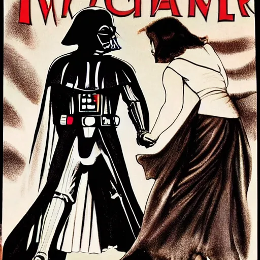 Image similar to a romance novel cover from 1 9 8 3, paperback, drawing, darth vader and yoda on the cover, romantic