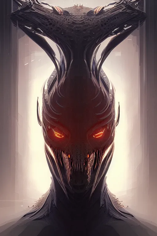 Image similar to professional concept art symmetrical portrait of a terrifying! mechanical predatory! fractal! species in a dark room by artgerm and greg rutkowski. an intricate, elegant, highly detailed digital painting, concept art, smooth, sharp focus, illustration, in the style of cam sykes.