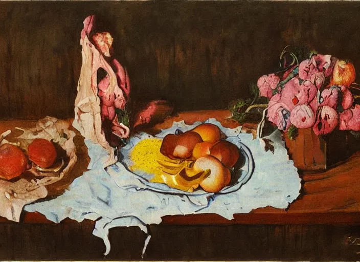 Image similar to a surreal painting of a breakfast still life, flowers, by George Baselitz, symbolist, soft colors, dramatic lighting, smooth, sharp focus, extremely detailed, aesthetically pleasing composition