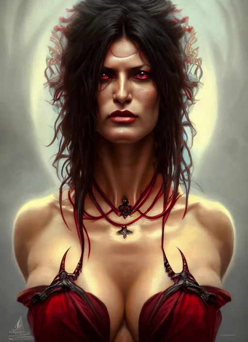 Prompt: portrait of cindy landolt as a vampire lord, jewelry, greek, ruby, intricate, headshot, highly detailed, digital painting, artstation, concept art, sharp focus, cinematic lighting, illustration, art by artgerm and greg rutkowski, alphonse mucha, cgsociety