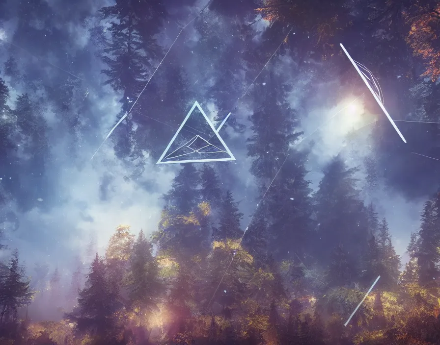 Image similar to flying geometric bringing triangle in center, forest, beautiful graphics, fantasy artwork, very beautiful scenery, hd, hdr, ue 5, ue 6, unreal engine 5, cinematic 4 k wallpaper, 8 k, ultra detailed, by popular digital, details, beautiful image ever created, high resolution, artstation, award winning