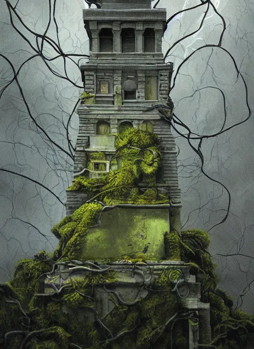 Image similar to hyper detailed painting of the statue of liberty; cracked, decaying, covered in moss and vines; thunderstorm; moody cinematic lighting, painted by Greg Rukowtski, trending on Artstation