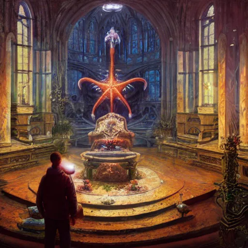 Image similar to patrick starfish meditates on the altar, hyperrealism, no blur, 4 k resolution, ultra detailed, style of ron cobb, adolf hiremy - hirschl, ismail inceoglu, rene margitte