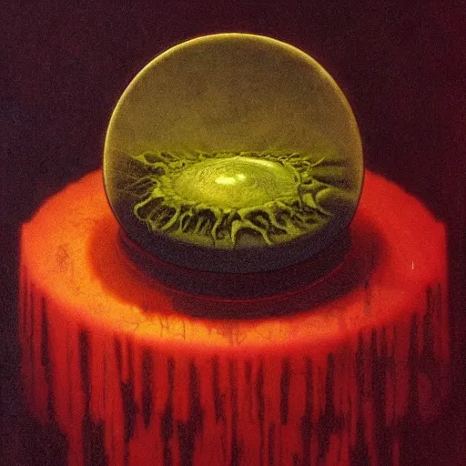 Image similar to aspic on plate, product shot by beksinski, bernie wrightson, trending on artstation, optical illusion, horror film, creepypasta