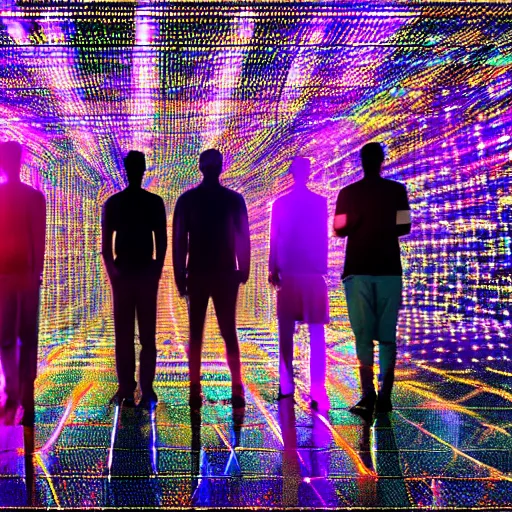 Image similar to a group of people standing in front of a display of illuminated figures, a hologram by stanley twardowicz, trending on shutterstock, holography, dystopian art, stockphoto, global illumination