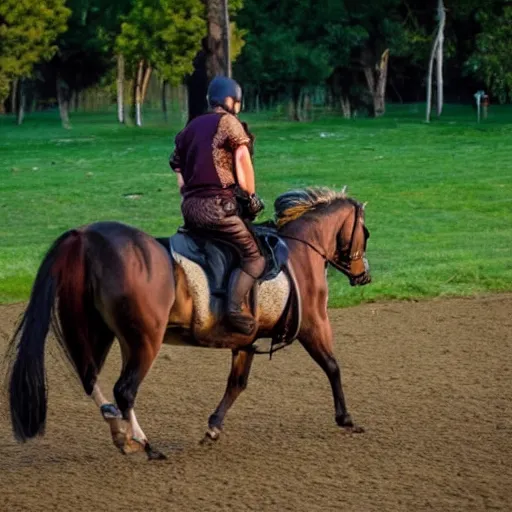 Image similar to ninja riding a horse toward sunset