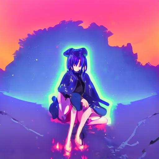 Prompt: advanced digital art of an anime girl wearing a long dark blue coat sitting on the floor in a ruined landscape at night, explosions in the background, neon lighting, in the style of Ross Tran, — h 1080 —w 1920