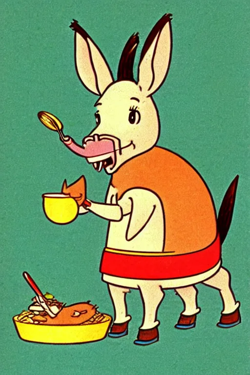 Image similar to by richard scarry. happy donkey eating a leg. a 1 9 5 0 s retro illustration. studio ghibli. muted colors, detailed