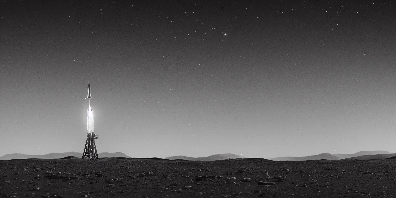 Image similar to black and white photo of a rocket landing on mars, stars and space in the dark background, cinematic film still, sharp focus, high contrast, wide angle view, astrophotography, 4 k