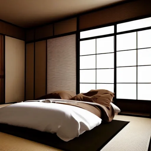 Prompt: still photo of a japanese bed room, highly detailed, photorealistic portrait, bright studio setting, studio lighting, crisp quality and light reflections, unreal engine 5 quality render