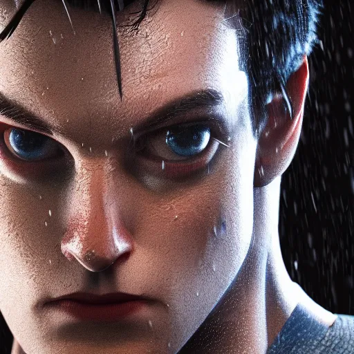 Image similar to Peter Parker as Spiderman , wet face , heavy rain ,dramatic, intricate, highly detailed, concept art, smooth, sharp focus, illustration, Unreal Engine 5, 8K