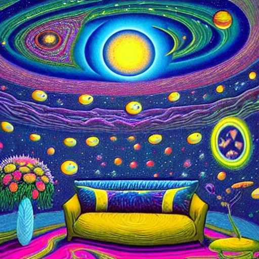 Prompt: psychedelic trippy couch in space, planets, plants, flowers, mushrooms milky way, sofa, cartoon by rob gonsalves