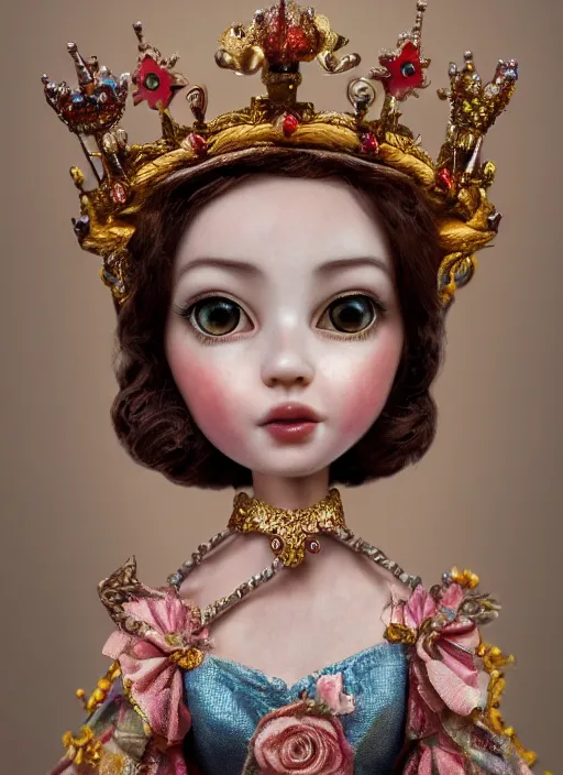 Image similar to closeup portrait of tin toy fairytale princess wearing a crown, depth of field, zeiss lens, detailed, symmetrical, centered, fashion photoshoot, by nicoletta ceccoli, mark ryden, lostfish, breathtaking, 8 k resolution, extremely detailed, beautiful, establishing shot, artistic, hyperrealistic, octane render