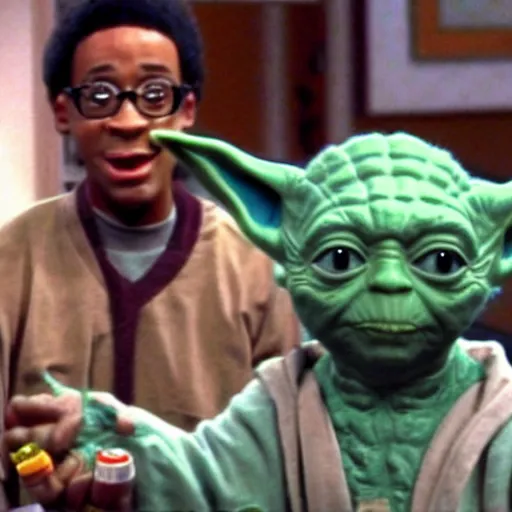 Prompt: steve urkel as yoda, screenshot from (television show family matters)