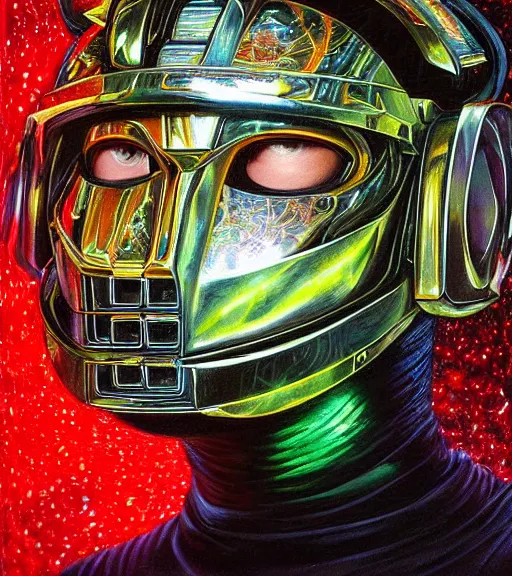 Prompt: single face portrait. complex hyper-maximalist overdetailed beautiful but terrifying, cinematic cosmic scifi portrait of Daft Punk by andrei riabovitchev, tomasz alen kopera, oleksandra shchaslyva alex grey and bekinski. Fantastic realism, branches with big thornes and green poisonous steam. Volumetric soft green and red lights. Omnious intricate. Secessionist style ornated portrait illustration. Slightly influenced by giger. Unreal engine 5. Focus on face. Artstation. Deviantart. 8k 4k 64megapixel. Cosmic horror style. Rendered by binx.ly. coherent, hyperrealistic,