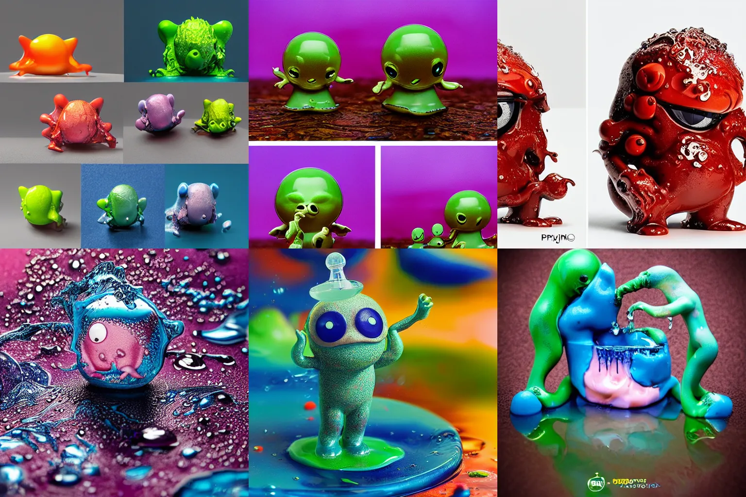 Prompt: splashy glossy melted ebay product, reaction diffusion, drops, drips, beautiful cute, cute melting miniature resine action figure, High detail photography, 8K, 3d fractals, cute pictoplasma, one simple ceramic tintoy melting plastic, melting, melting swampmonster Figure sculpture, 3d primitives, in a Studio hollow, by pixar, by chris mars, by jason edmiston, cgsociety, houdini, zbrush, zbrush simulation
