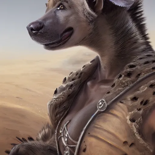 Image similar to portrait of a female hyena woman, furry pelt, long ears, black ponytail, steel armor, in a desert, strong, fierce, fantasy, intricate, elegant, highly detailed, digital painting, artstation, concept art, character art, smooth, sharp focus, illustration, art by steve argyle and tyler jacobson and peter mohrbacher