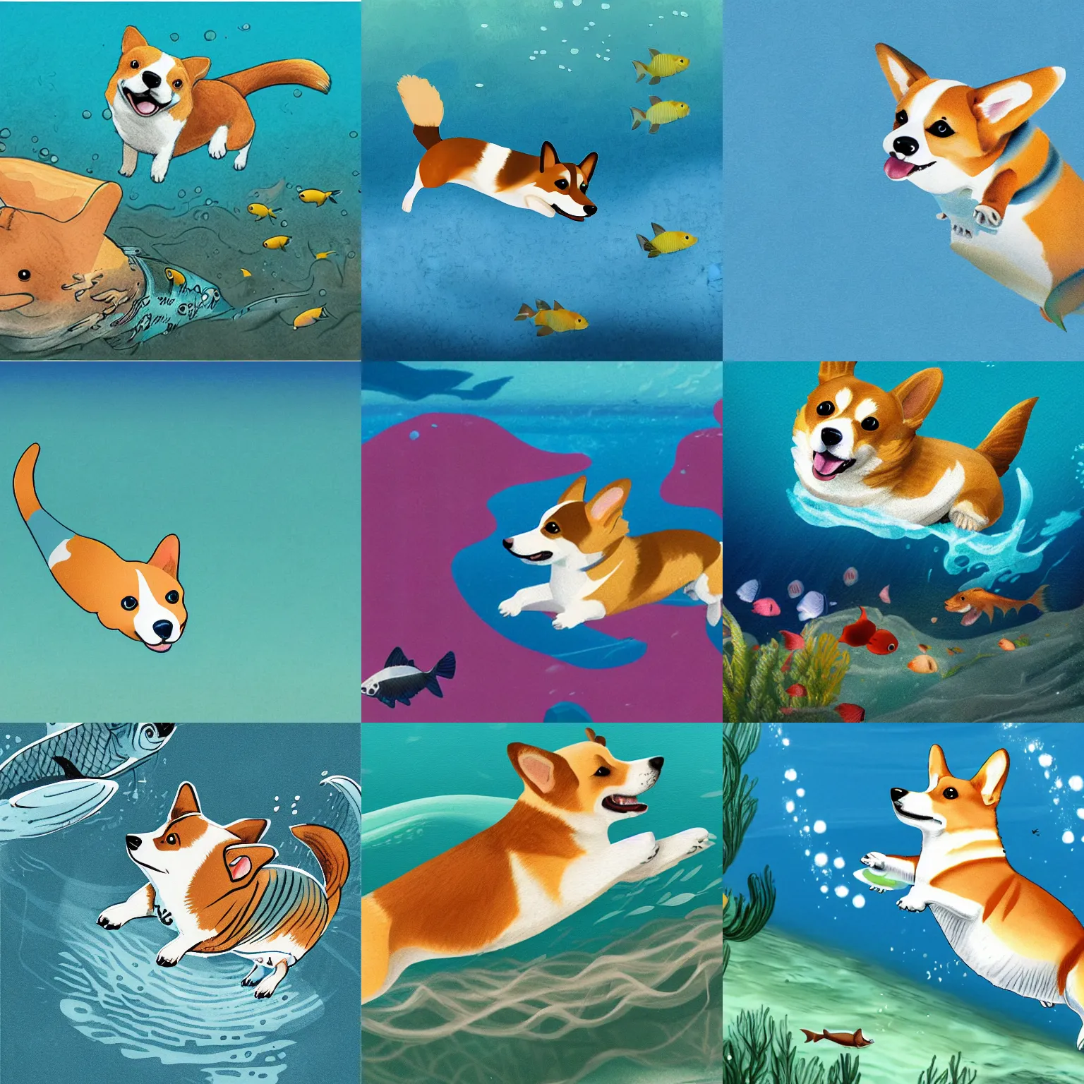 Prompt: illustration of a corgi diving in deep ocean, fish around it