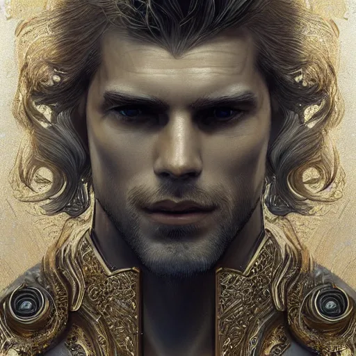 Prompt: heavily detailed man with a robustly adequate fit body and golden locks of hair digital art trending on artstation 4 k imagery cgsociety contest winner intricate detailed front view! symmetrical illustrated by gaston bussiere greg rutkowski