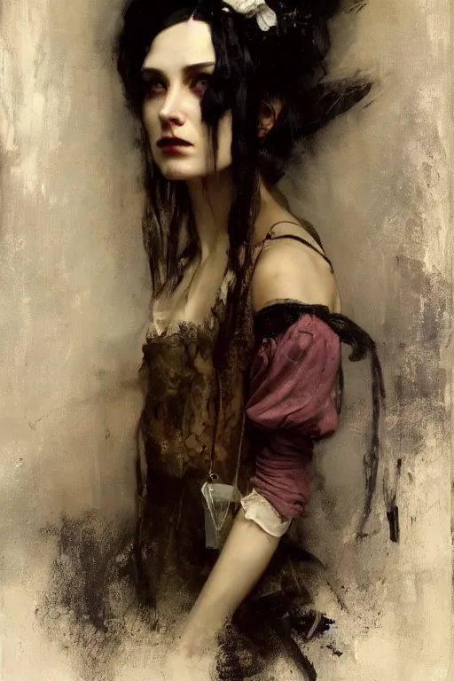 Image similar to Richard Schmid and Jeremy Lipking and Roberto Ferri full length portrait painting of a young beautiful victorian steampunk goth woman