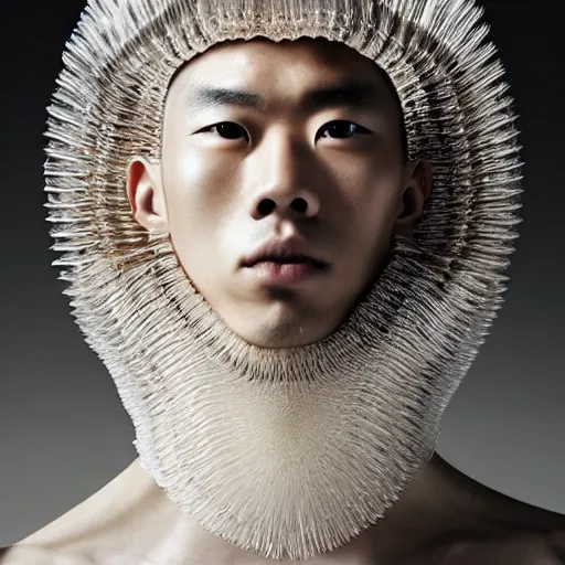 Image similar to a beautiful young japanese male wearing iris van herpen couture, photographed by erwin olaf