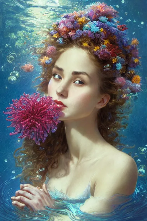 Image similar to portrait of a beautiful mysterious woman holding a bouquet of flowing flowers, hair flowing upwards, small bubbles from her mouth, hands hidden under the bouquet, submerged underwater filled with colorful small fish and coral reef, fantasy, regal, intricate, by stanley artgerm lau, greg rutkowski, thomas kindkade, alphonse mucha, loish, norman rockwell