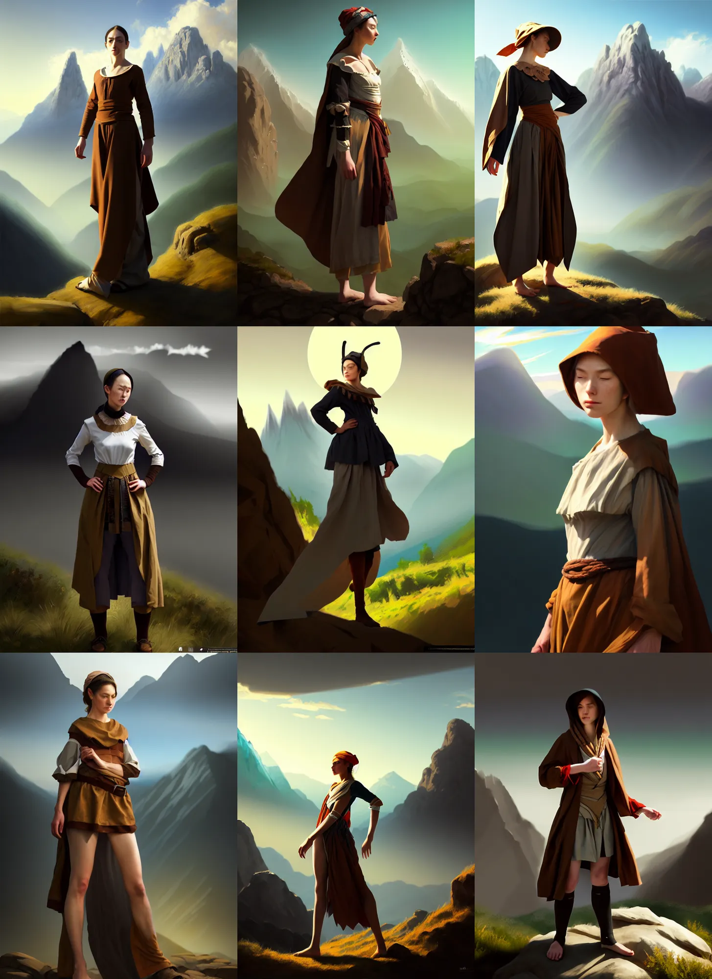 Prompt: costume design made with love, traveller costume, sophisticated composition, old masters light composition, procedurally generated, drama character posing for concept art, dramatic mountains behind, substance designer, PBR, HD, Ultra detailed, hyperrealistic, megascans, volumetric light, concept by master artist, made in paint tool SAI2, trending pixiv face