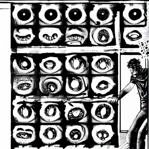 Image similar to drilling neighbor, grid of drilled holes in a room, black and white horror in style of junji ito