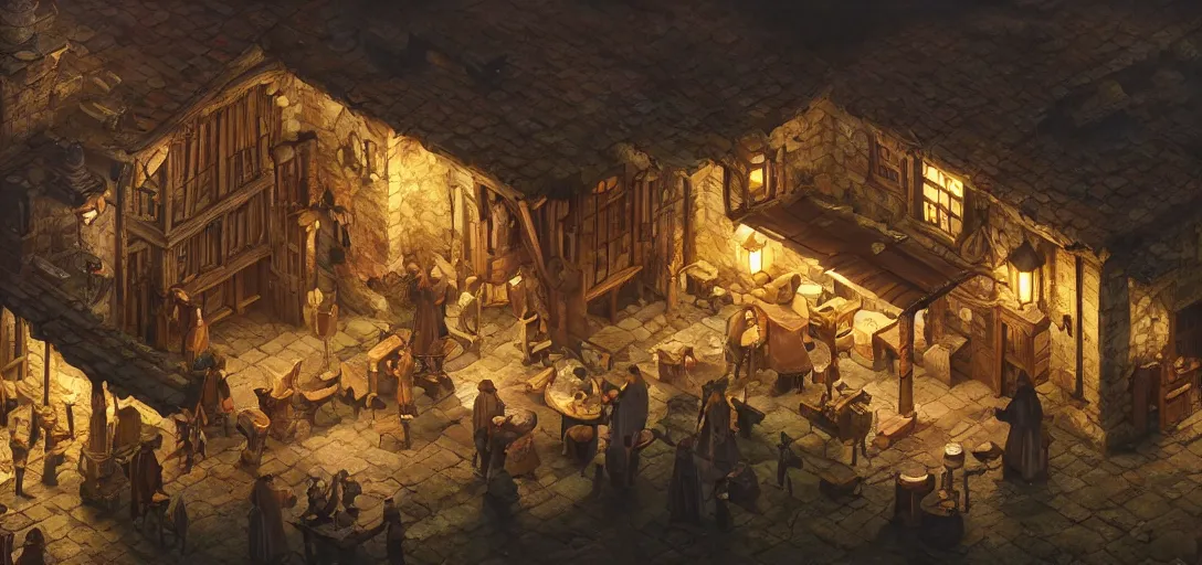 Image similar to game design, architecture, medieval tavern building, outside view, isometric view, game art, game dev, concept, extremely high detail, photo realistic, cinematic lighting, post processed, concept art, artstation, matte painting, style by eddie mendoza, raphael lacoste, alex ross