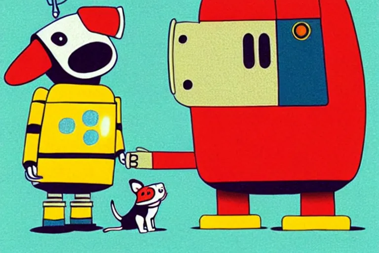 Image similar to ( ( ( ( ( ( ( a robot and a dog ) ) ) ) ) ) ) by richard scarry!!!!!!!!!!!!!! muted colors