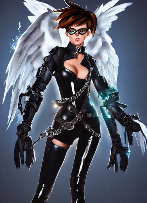 Image similar to full body artwork of tracer overwatch, wearing black latex outfit, in style of mark arian, angel wings, dramatic painting, wearing detailed leather collar with chain, black shiny armor, chains, black harness, detailed face and eyes,