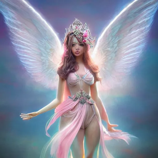 Image similar to expressive full body photo of sophia lauren as beautiful angel, smooth glowing skin, ornate headpiece made from pink flowers, glamour shot, by yoshitaka amano, by greg rutkowski, by jeremyg lipkinng, by artgerm, digital art, octane render, unreal engine, photorealistic, 3 d character