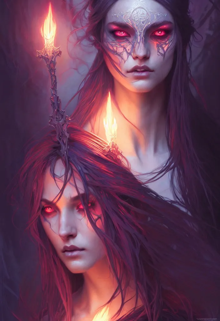 Image similar to Necromancer Sorceress face in center, fantasy magic, undercut hairstyle, dark light night, intricate, elegant, sharp focus, illustration, highly detailed, digital painting, concept art, matte, art by WLOP and Artgerm and Greg Rutkowski and Alphonse Mucha, masterpiece