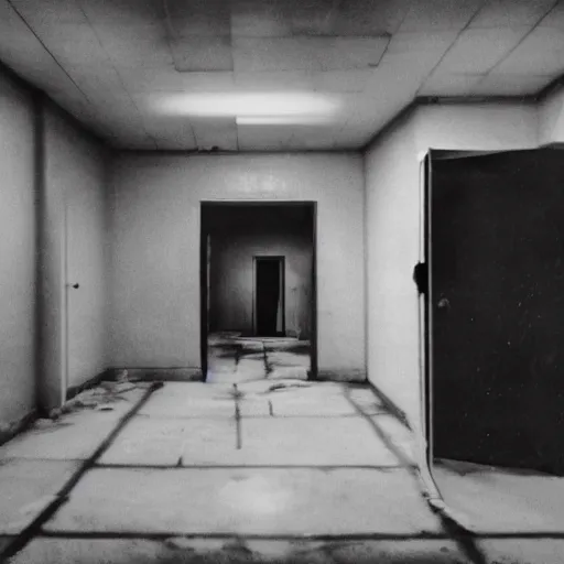 Prompt: creepy backrooms, abomination from hell in the hall, horror image, cctv footage, black and white, grayscale