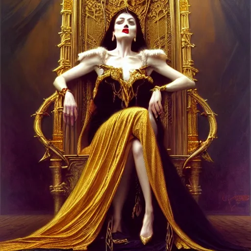 Image similar to full body portrait of beautiful vampire queen in gold gothic robes sitting on a throne of bones, elegant, highly detailed painting by gaston bussiere, craig mullins, j. c. leyendecker, 8 k, mid shot