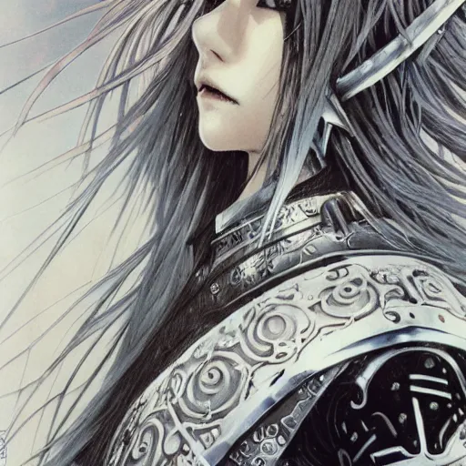 Image similar to Yoshitaka Amano realistic illustration of an anime girl with black eyes, wavy white hair fluttering in the wind and cracks on her face wearing Elden ring armour with engraving, abstract black and white patterns on the background, noisy film grain effect, highly detailed, Renaissance oil painting, weird portrait angle, blurred lost edges, three quarter view