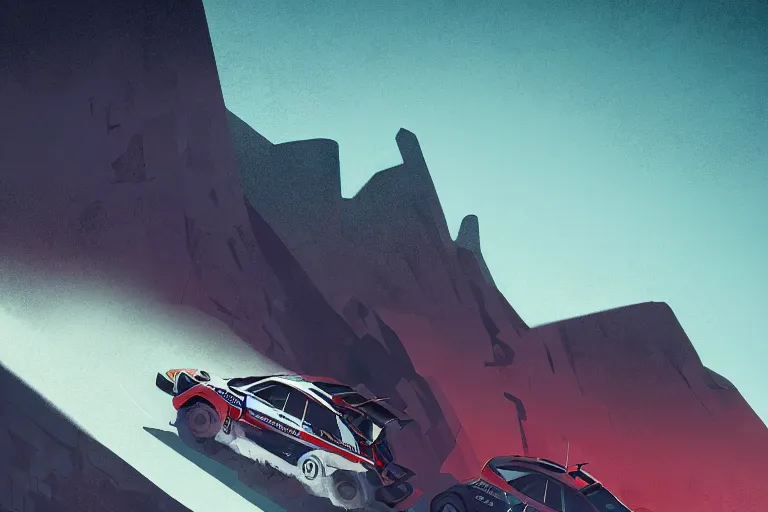 Prompt: rally car ascending a mountain, editorial illustration, isometric, modern art deco, ( ( mads berg ) ), christopher balaskas, victo ngai, detailed, dynamic composition, wide angle, matte print, unreal engine, film grain