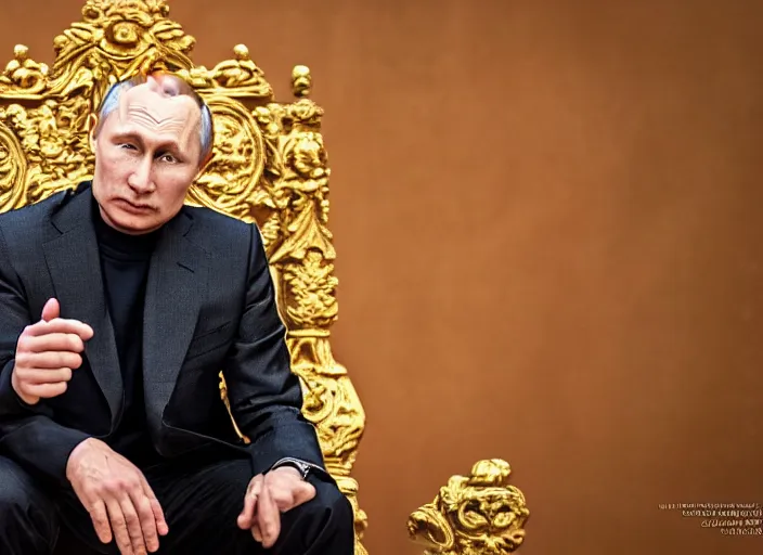 Image similar to A photo of vladimir putin the barbarian sitting on his throne, award winning photography, sigma 85mm Lens F/1.4, perfect faces