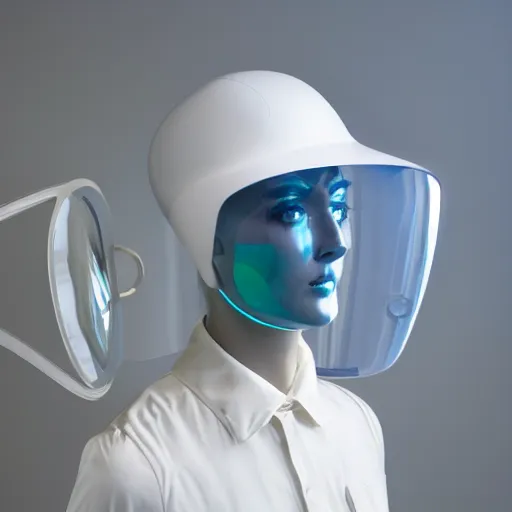 Image similar to an ultra high definition professional studio quality photograph of a transparent iridescent perspex pastel coloured ( face ) visor and matching raincoat on a white coat hook in an empty white room. dramatic lighting, ray tracing, refraction, shallow d. o. f, colour corrected, golden ratio, three point light. volumetric shadows. light rays.