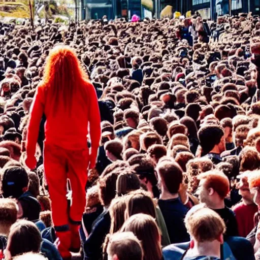 Prompt: a 7 0 foot tall red - haired man walking among the crowd